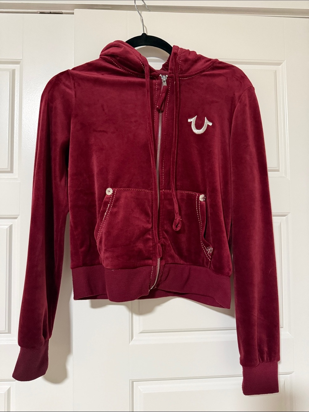 True Religion Burgundy Velour Zip Hoodie Jacket
